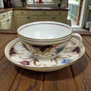 VTG Hand Painted Porcelain Tea Cup Saucer Alhambra Winged Crown Bohemia c1900‎